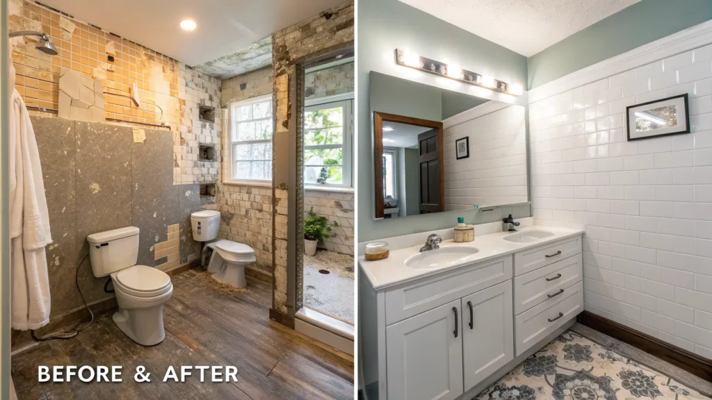 Before and after images of a guest bathroom remodel with estimated costs for a mid-range budget