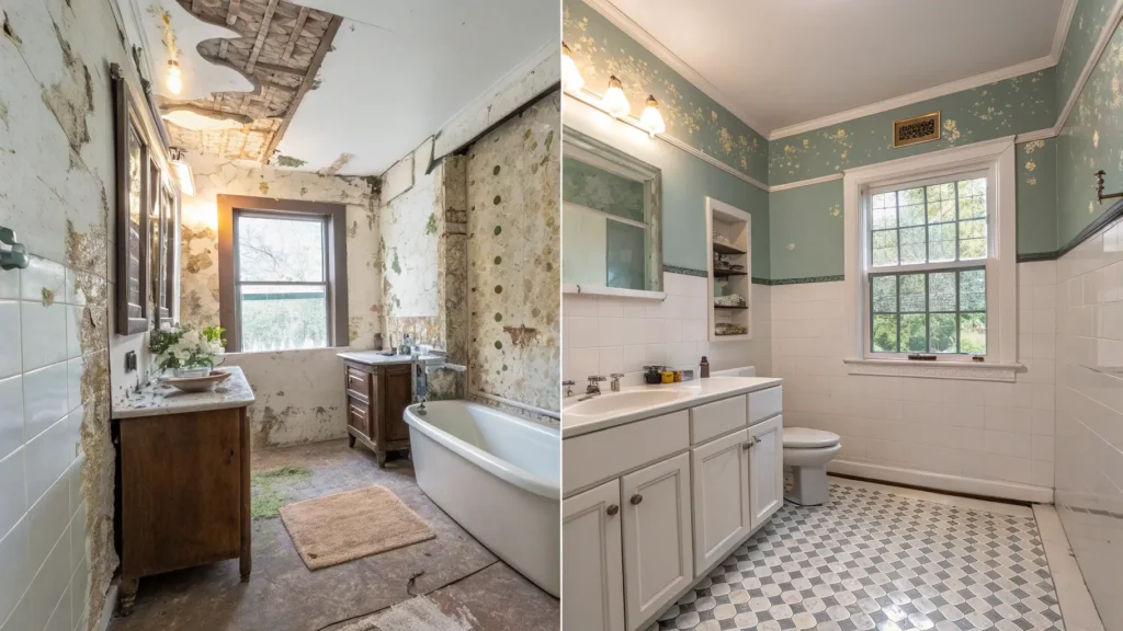 Before and after images of a master bathroom remodel with estimated costs for a high-end renovation