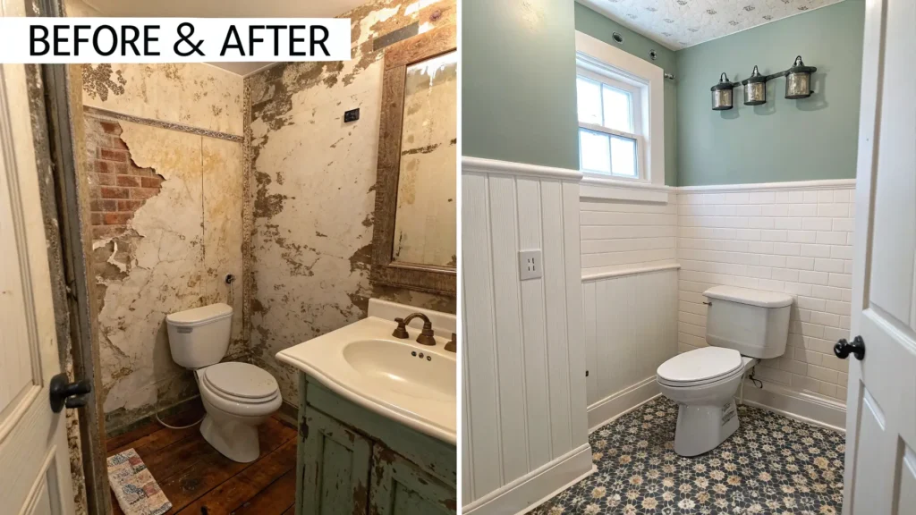 Before and after images of a small powder room remodel with estimated costs.