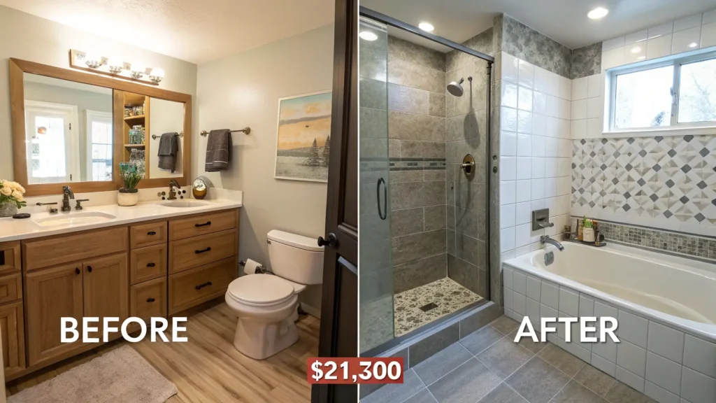 Before and after photos of a mid-range master bathroom modern update costing $21,500.