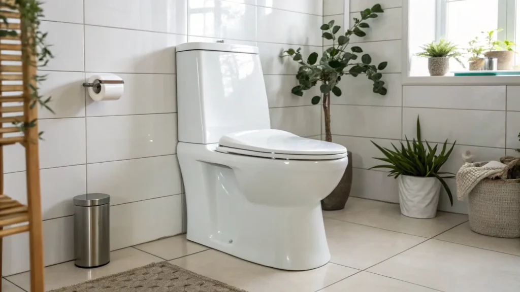 Modern bathroom with water-saving smart toilet and eco-friendly design.