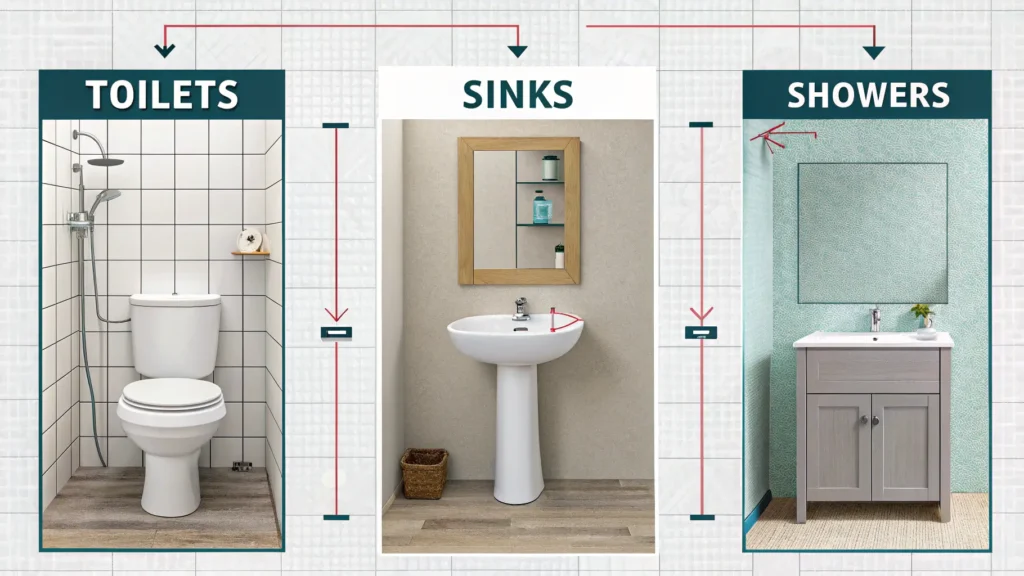 Diagram showing standard bathroom fixture clearances and dimensions for an ideal bathroom layout