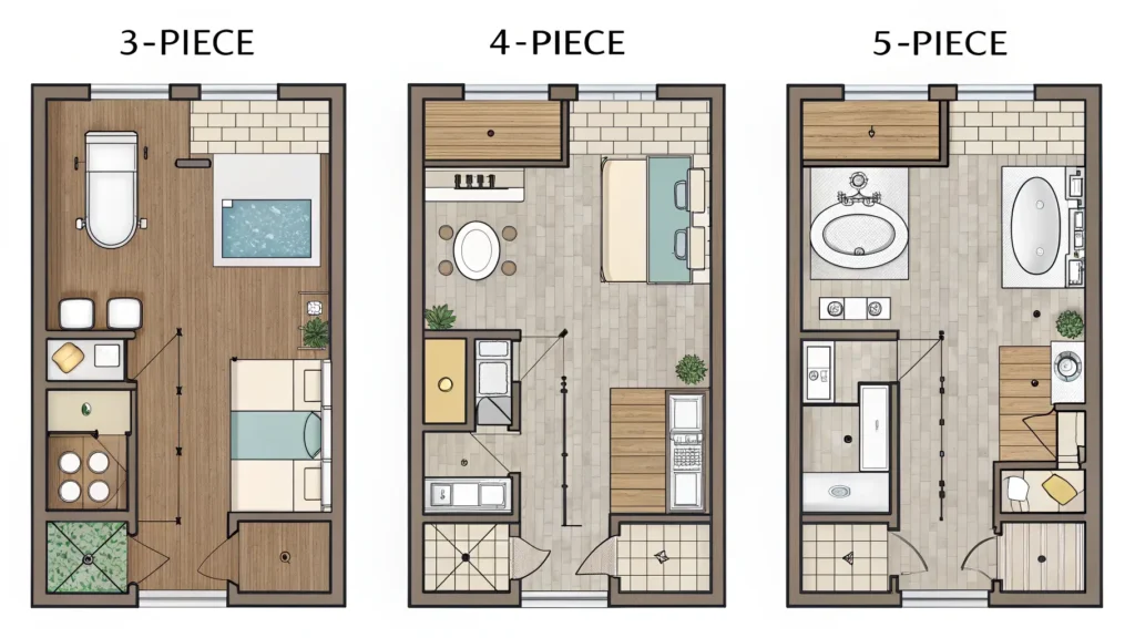 Floor plans illustrating common 3-piece, 4-piece, and 5-piece ideal bathroom layouts.