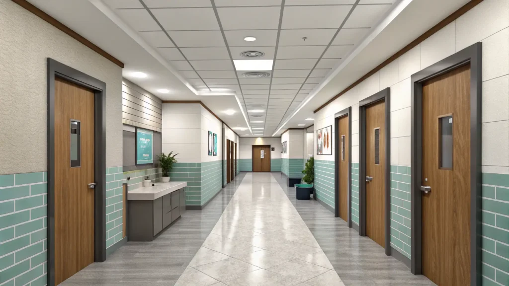 3D renderings of various spatially efficient ideal bathroom layouts.