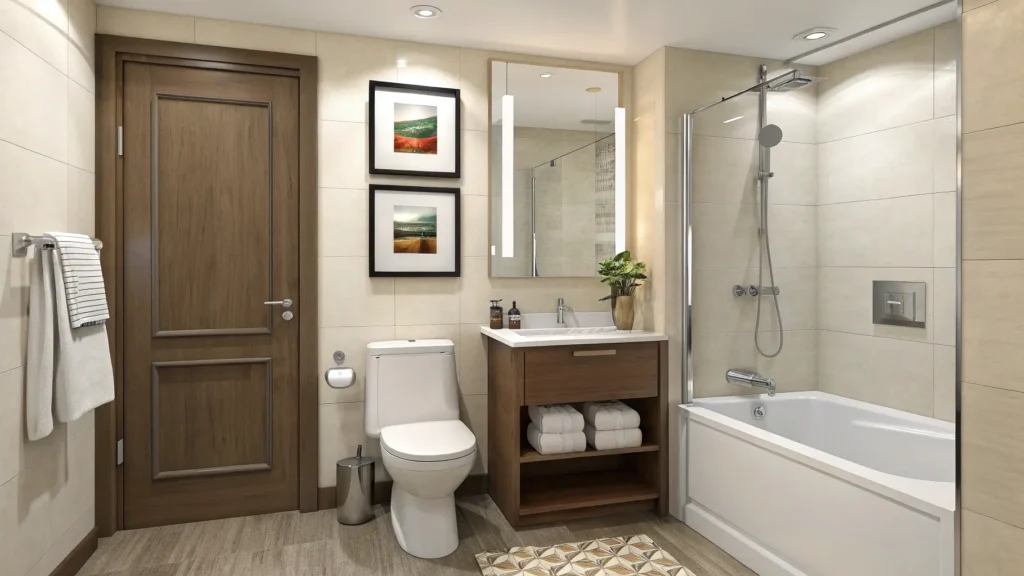 Diagrams illustrating standard vs. compact toilet dimensions and required clearances within a 5x7 bathroom layout.
