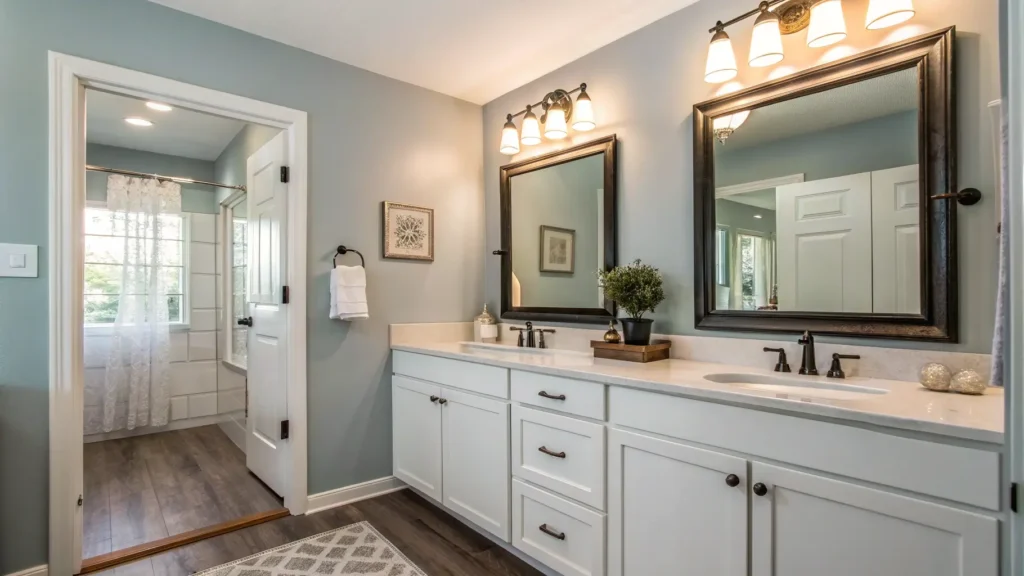High ROI bathroom features: new vanity, lighting, and paint.