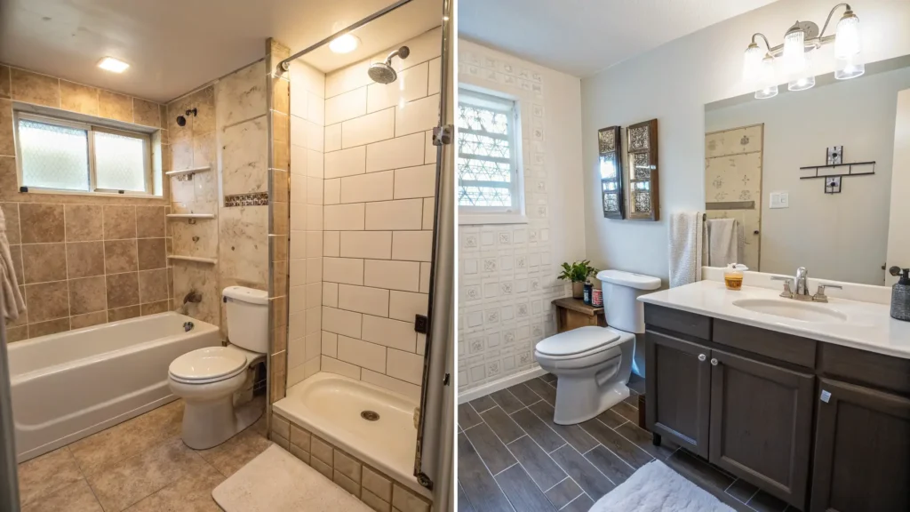 Before and after photos of an efficient guest bathroom refresh costing $7,200