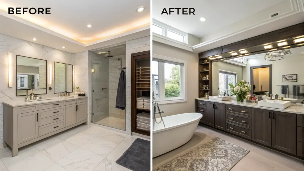 Before and after images of a master en-suite and an accessible ideal bathroom layout renovation
