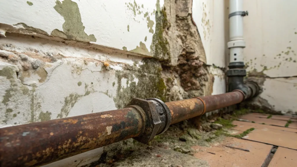 Hidden water damage and old plumbing pipes revealed during bathroom demolition.