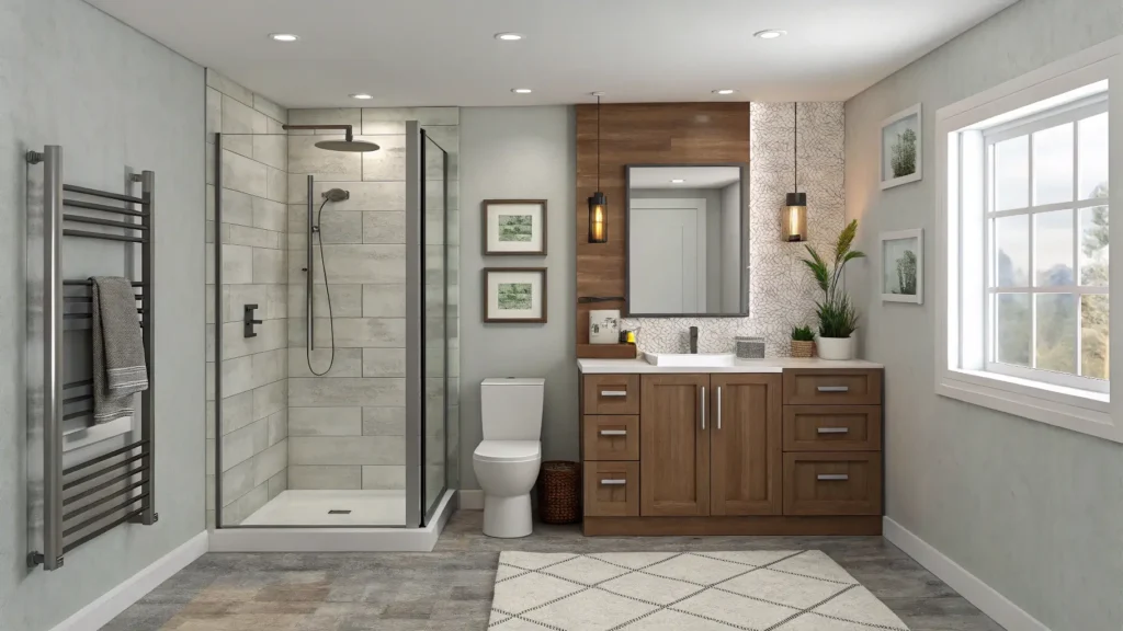 Detailed floor plan blueprint for a 5x7 bathroom featuring a spacious shower, compact toilet, and vanity, with all measurements.
